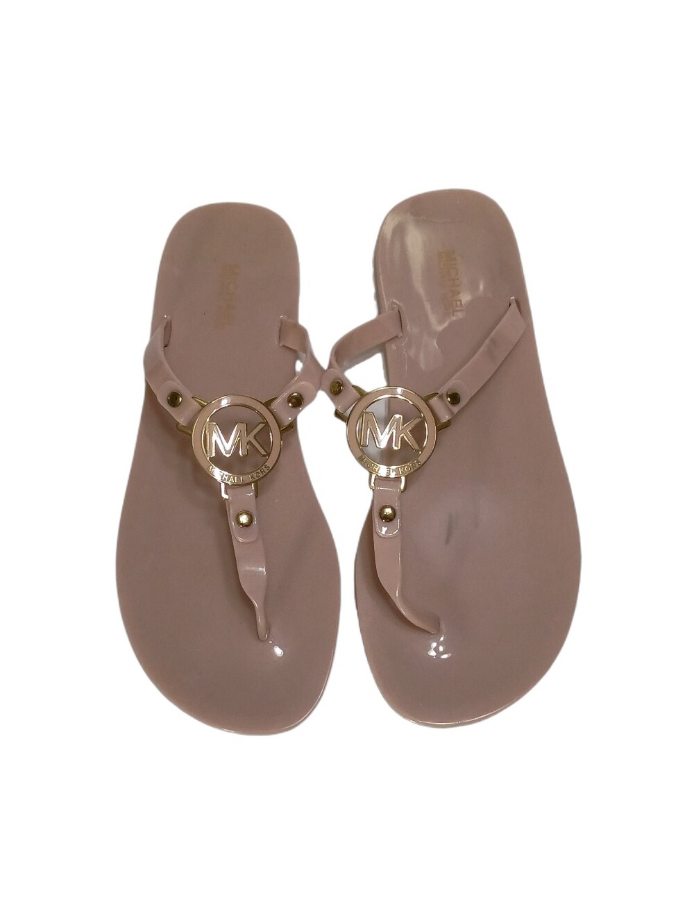 Michael Kors Women's Jelly Thong Sandals Size 8 Pink Blush Gold MK Logo Flats